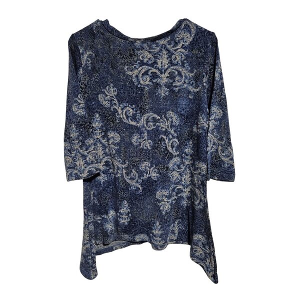 Fashion Bug Blue Paisley Top Womens Size XL Short Sleeve Blouse Asymmetrical Hem - Picture 2 of 5